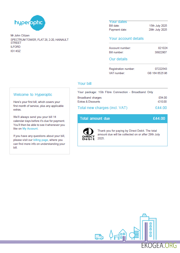 Slovakia Hyperoptic utility bill template in Word and PDF formats